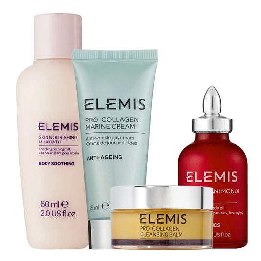 Elemis Best Sellers rinkinys: Elemis Skin Nourishing maudymosi pienelis 60ml + Elemis Pro-Collagen Marine kremas 15ml + Elemis Frangipani Monoi Nourishing kūno aliejus 35ml + Elemis Pro-Collagen valomasis balzamas 20g