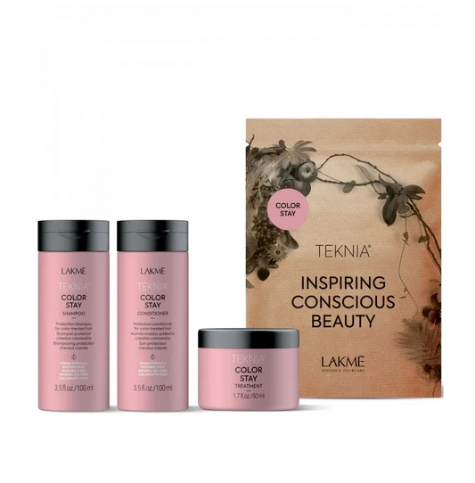 Lakme Teknia Color Stay Travel rinkinys: šampūnas 100ml, kondicionierius 100ml, atstatomoji priemonė 50ml