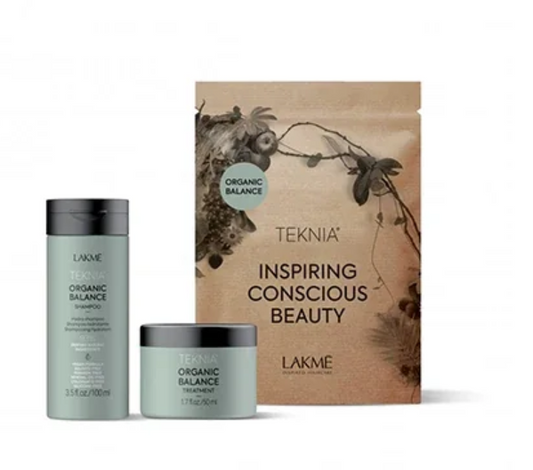 Lakme Teknia Travel Pack Organic Balance: Šampūnas 100ml + atstatomoji plaukų priemonė 100ml