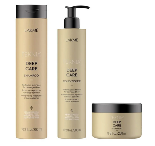 Lakme Tkn Deep Care rinkinys: šampūnas 300ml + kondicionierius 300ml + atstatomoji priemonė 250ml